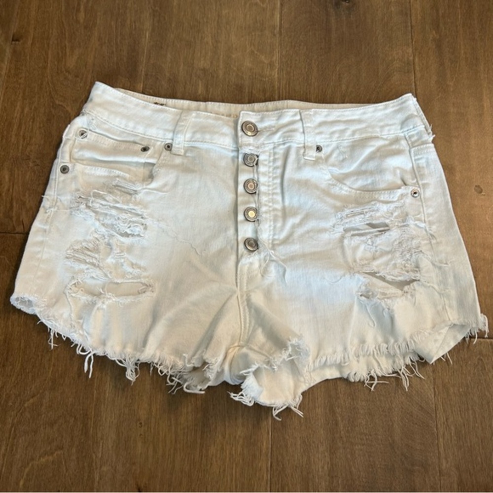 American Eagle White Distressed button fly hi rise festival Shorts 12